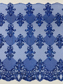 King Damask Design Fabric - Royal Blue - Embroidered Corded Mesh Lace Fabric with Sequins By Yard