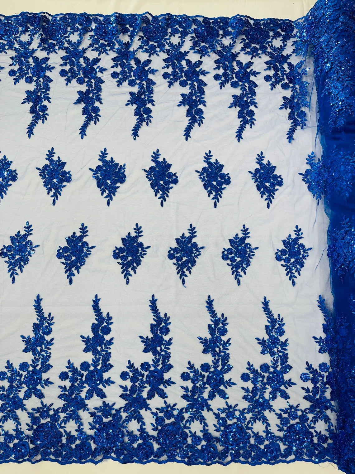 Beaded Rose Flower Fabric - Royal Blue - Embroidered Beaded Long Border Floral Fabric By Yard