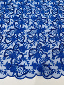 Small Flower Sequins Lace Fabric - Royal Blue - Embroidered Floral Pattern Fabric with Sequins on Lace By Yard