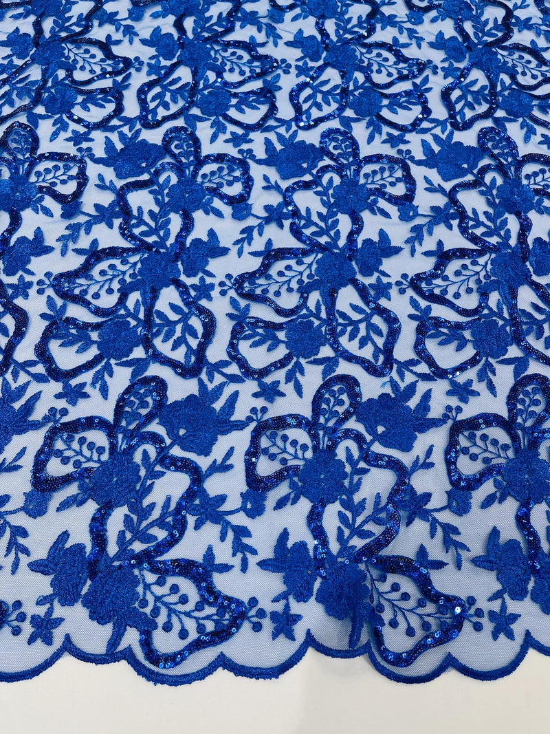 Small Flower Sequins Lace Fabric - Royal Blue - Embroidered Floral Pattern Fabric with Sequins on Lace By Yard