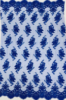 Floral Damask Lace Fabric - Royal Blue - Embroidered Damask Flowers on Lace Fabric By Yard