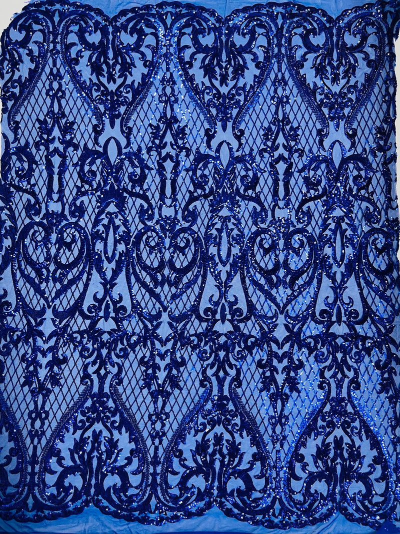 Heart Damask Sequins - Royal Blue - 4 Way Stretch Sequins Fabric By Yard