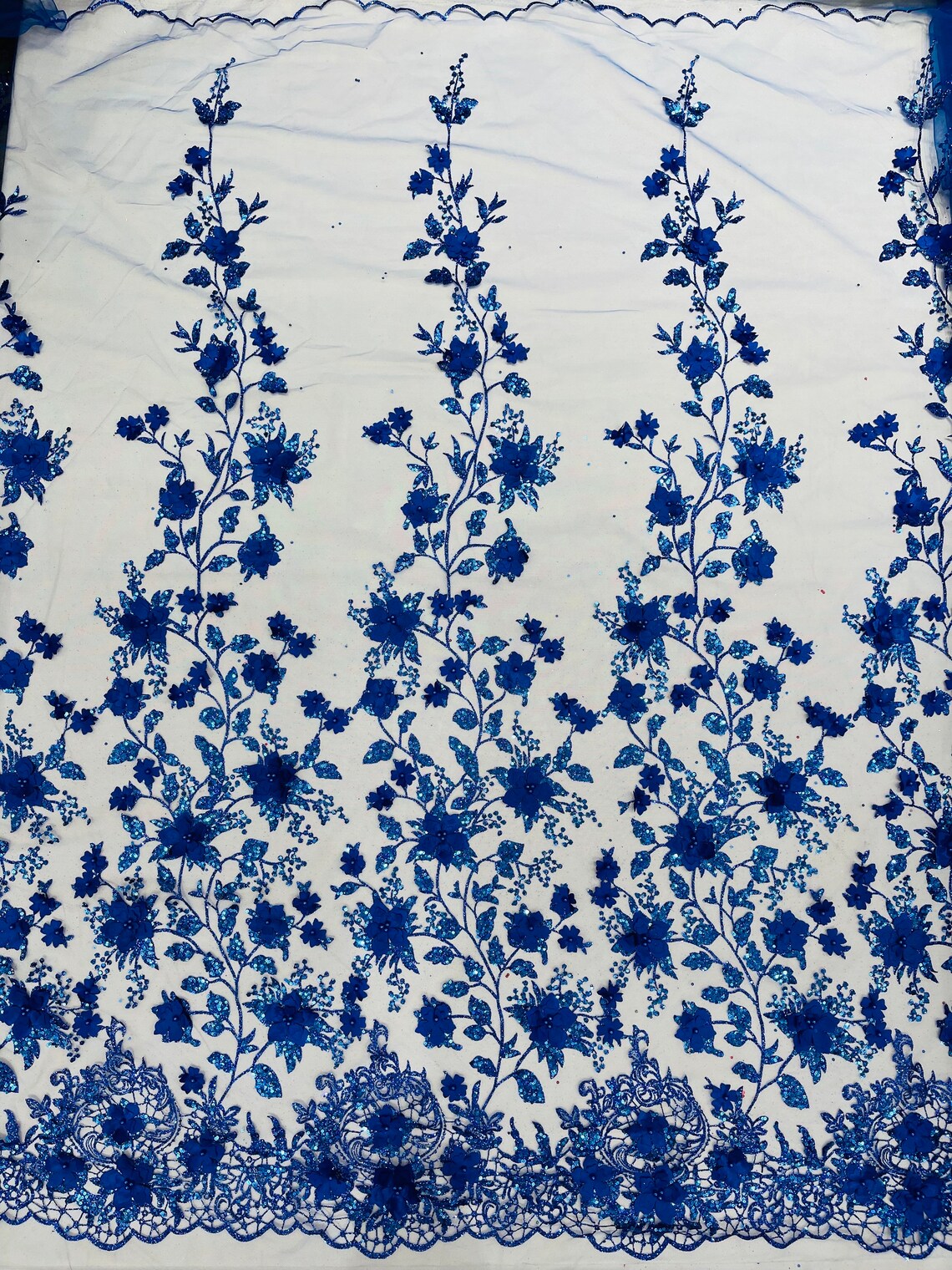 3D Flower Glitter Fabric - Royal Blue - Floral Glitter Sequin Design o