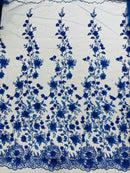 3D Flower Glitter Fabric - Royal Blue - Floral Glitter Sequin Design on Lace Mesh Fabric by Yard