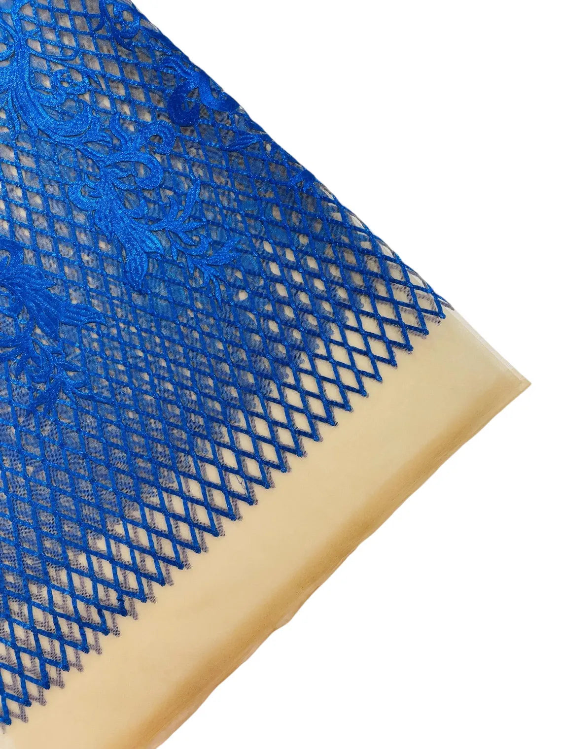 Damask on Net Lace Fabric - Royal Blue - Embroidered Lace Mesh Damask Design Fabric by Yard