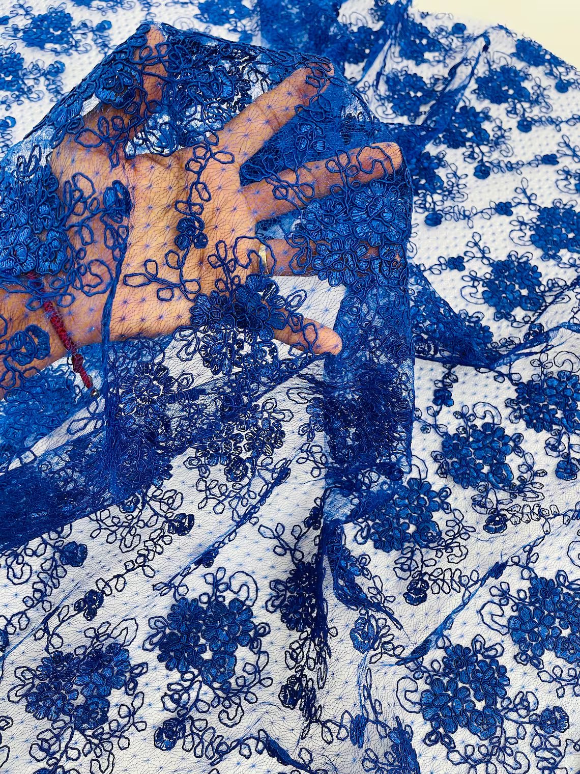 Embroidered Flower Fabric - Royal Blue - Floral Design Scalloped Border Fabric By Yard