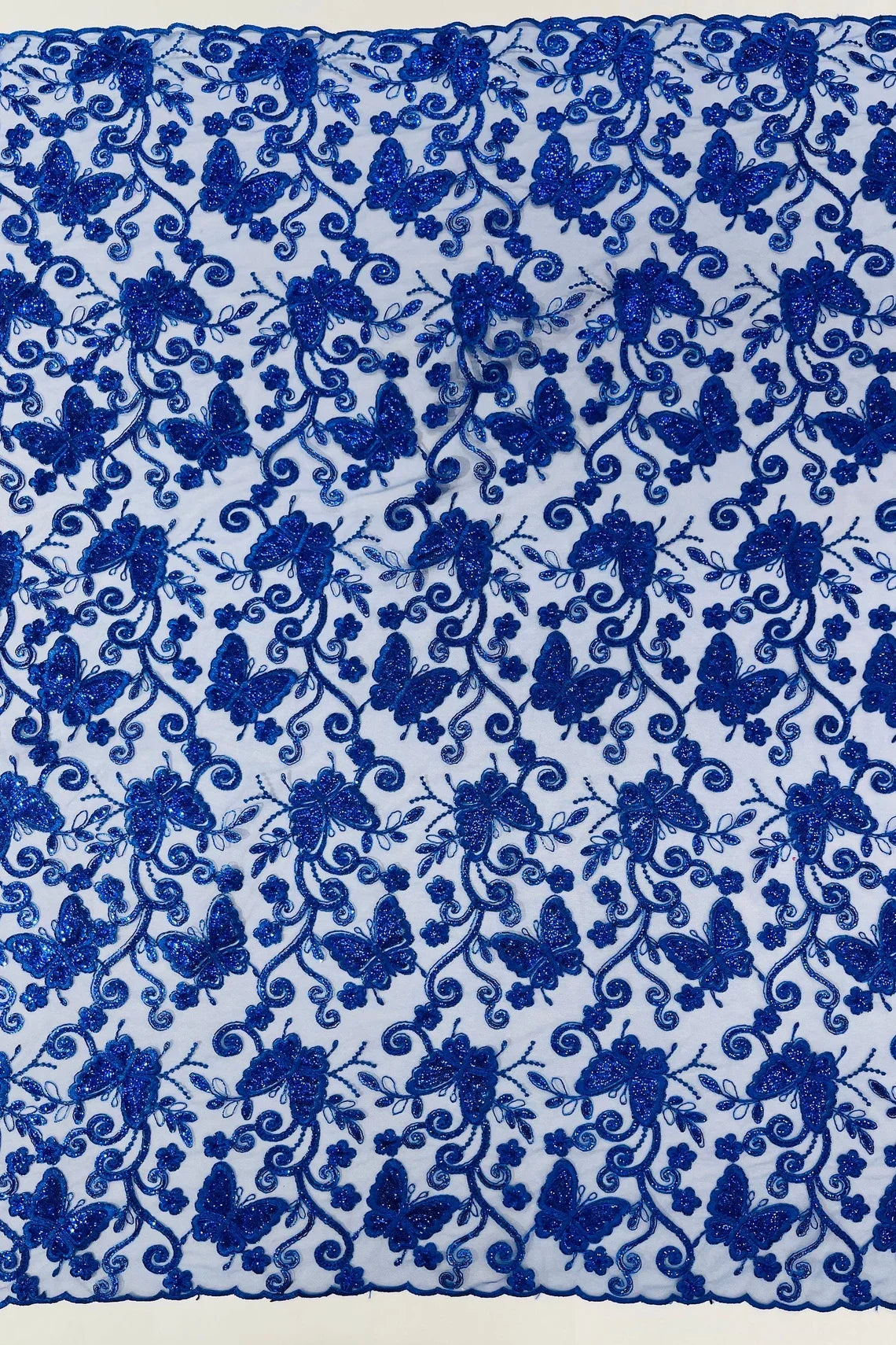 Butterfly Swirl Lace Fabric - Royal Blue - Metallic Sequins Design on Lace Fabric By Yard