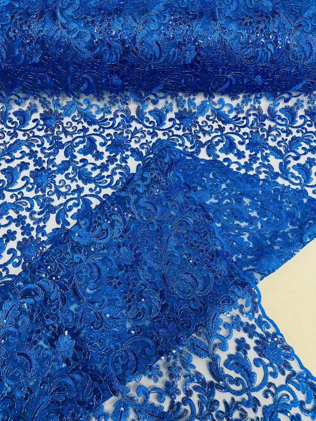 Metallic Floral Lace Fabric - Royal Blue - Embroidered Sequins Floral Design Sold By Yard
