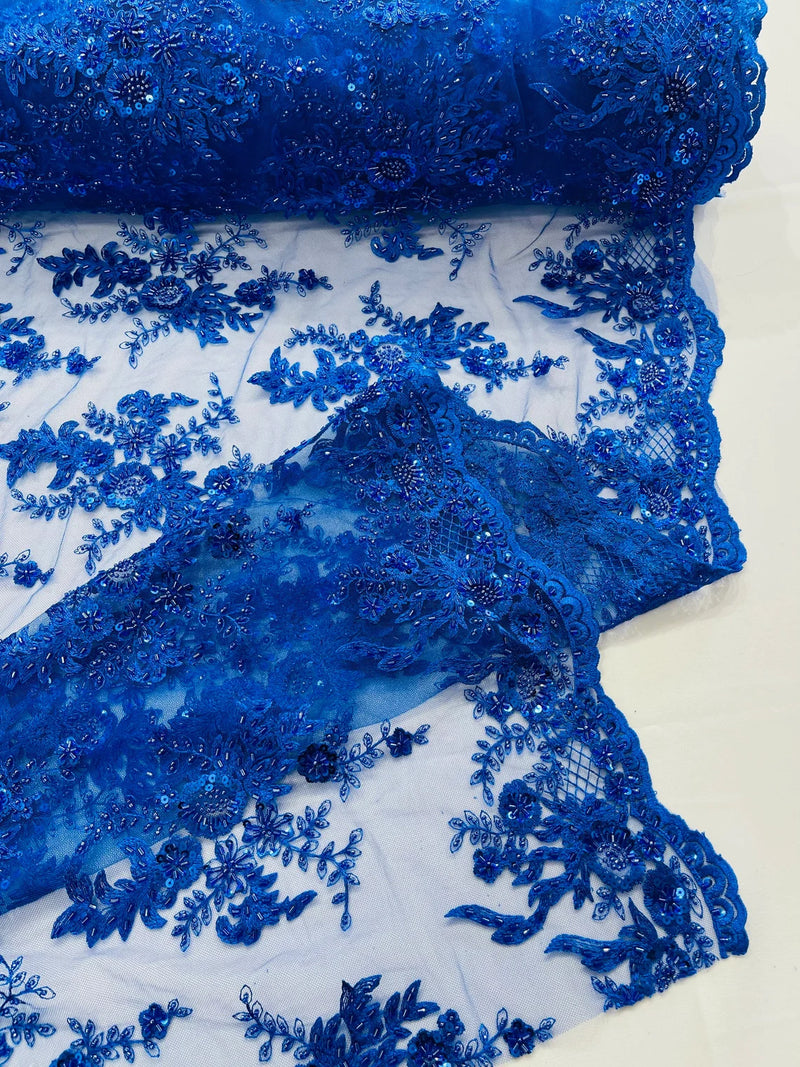 Beaded Flower Sequins Fabric - Royal Blue - Embroidered Beaded Floral Clusters Sequins Fabric By Yard
