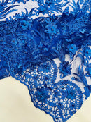 3D Floral Leaf Panels - Royal Blue - Embroidered 3D Flower Lines with Pearls on Lace By Yard
