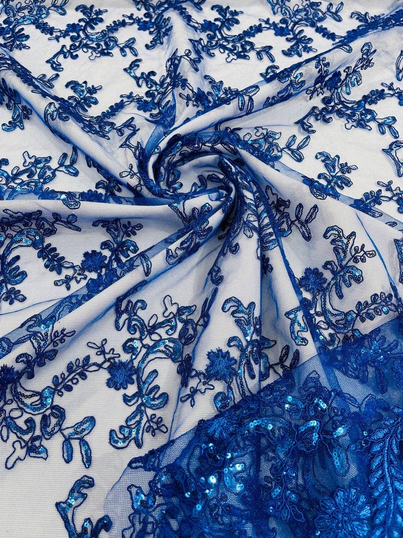 Floral Sequins Lace Fabric - Royal Blue - Embroidery Flower Clusters Design with Shiny Sequins  Fabric Sold By Yard