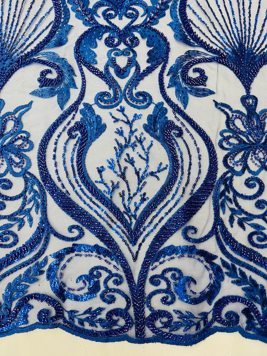 Damask Leaf Bead Fabric - Royal Blue - Heavy Beaded Embroidered Sequins Lace Fabric by Yard