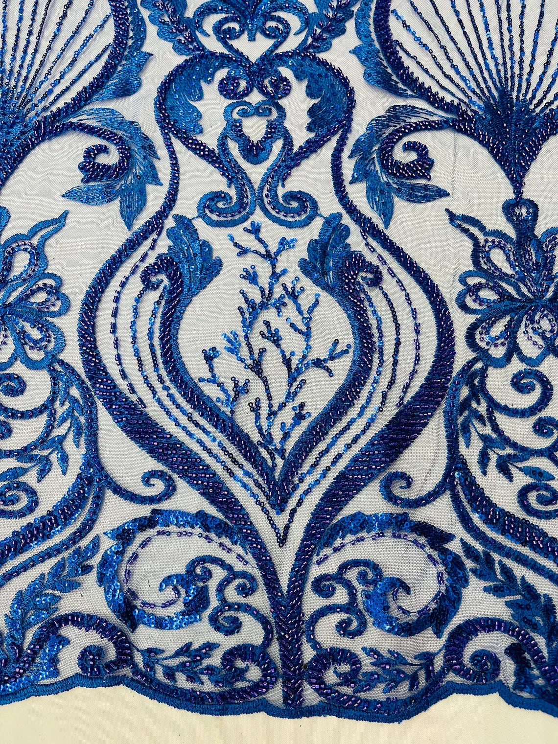Damask Leaf Bead Fabric - Royal Blue - Heavy Beaded Embroidered Sequins Lace Fabric by Yard