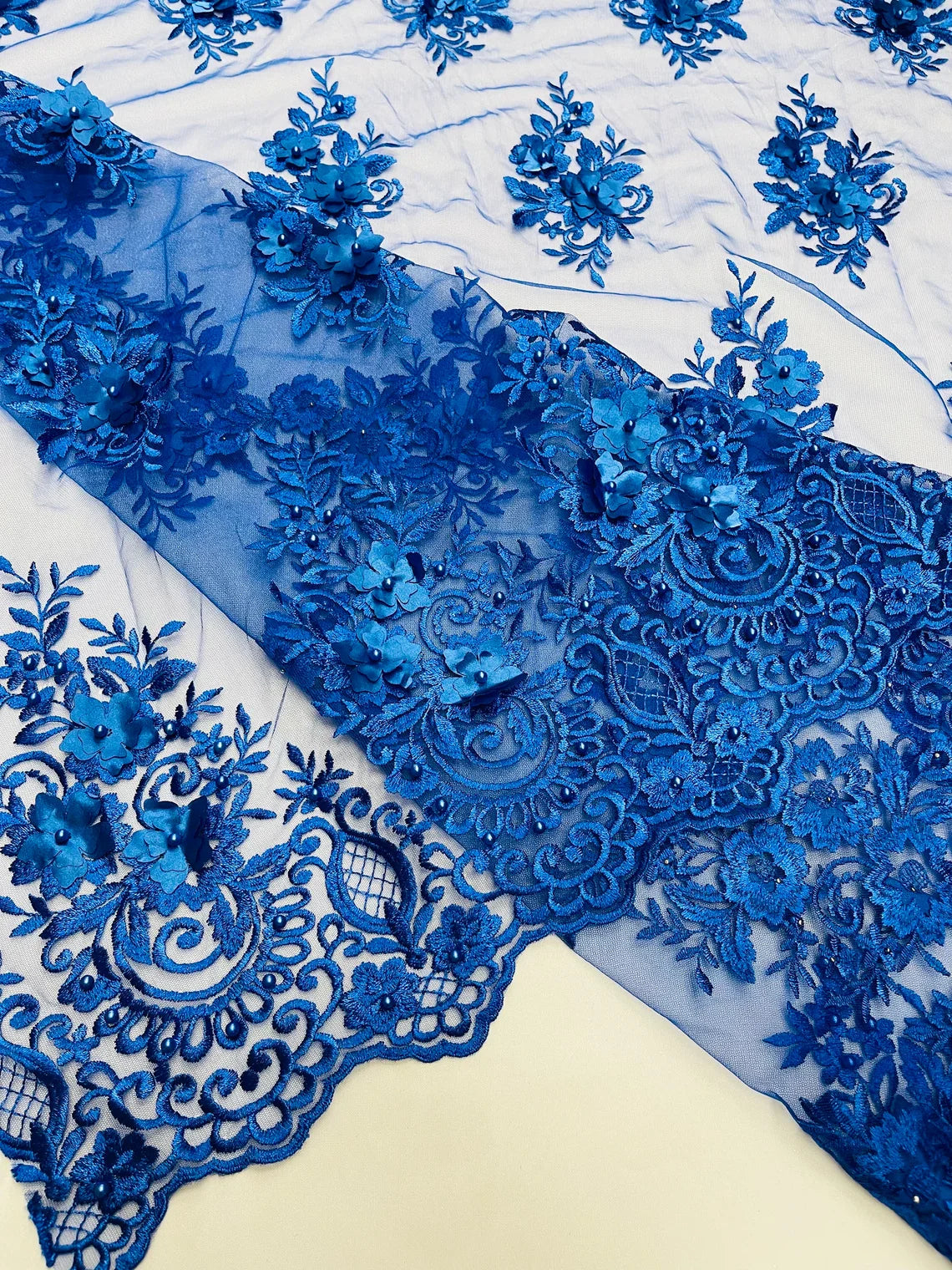 3D Fancy Floral Design Fabric - Royal Blue - 3D Flower Fabric with Small Beads on Lace Sold By Yard