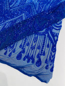 Zig Zag Design Sequins - Royal Blue - 4 Way Stretch Embroidered Zig Zag Sequins Lace Fabric By The Yard