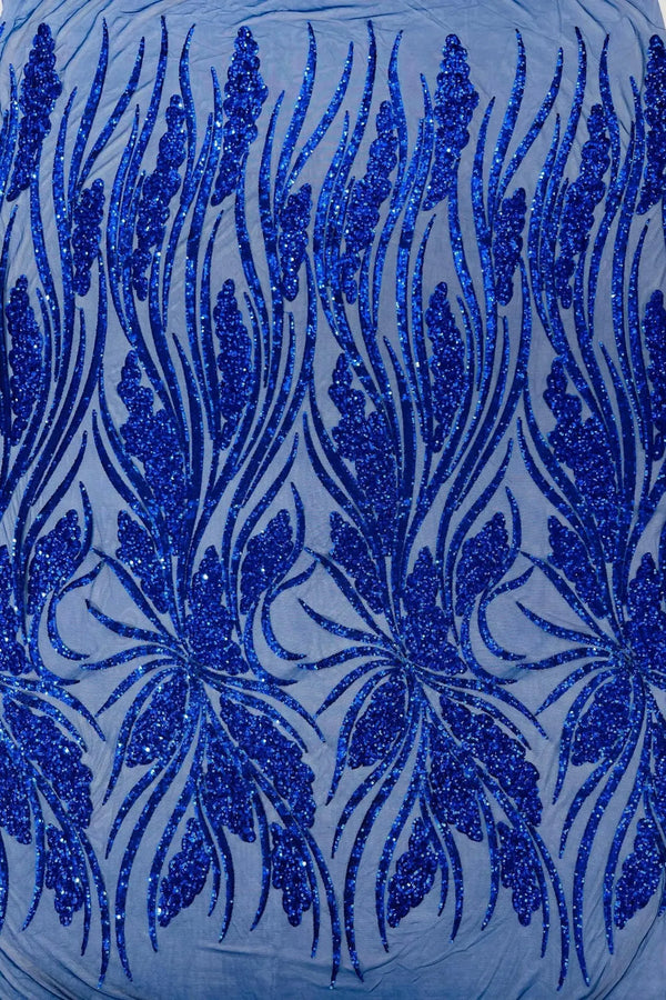 Wavy Leaf Sequins Fabric - Royal Blue - Wavy Lines and Leaves Design on Lace Mesh Fabric by Yard