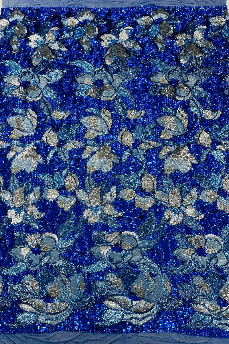 Orchid Design Sequins - Royal Blue - 4 Way Stretch Full Sequins Floral Design Mesh Fabric By Yard
