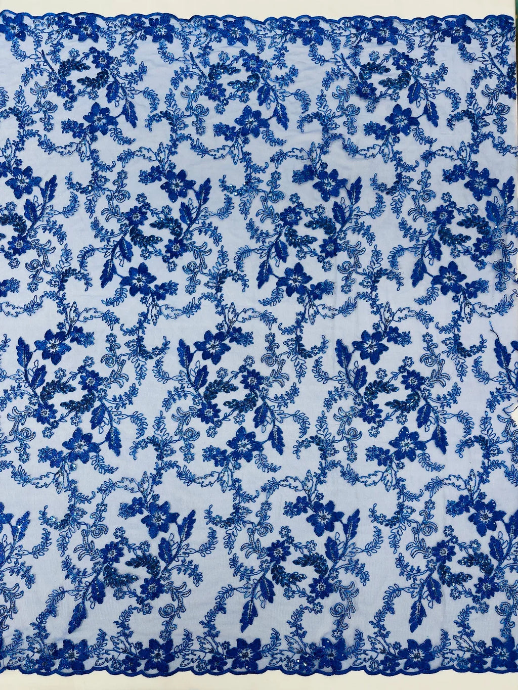 Floral Metallic Lace Fabric - Royal Blue - Corded Embroidered Floral Sequins Fabric by Yard