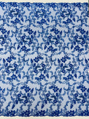 Floral Metallic Lace Fabric - Royal Blue - Corded Embroidered Floral Sequins Fabric by Yard