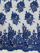 Rhinestone Beaded Fabric - Royal Blue - Beaded Floral Rhinestone Design with Fancy Border Sold By Yard