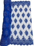 Heavy Beaded Floral Fabric - Royal Blue - Luxury Heavy Duty Bead Bridal Floral Cluster Lace Fabric by the yard