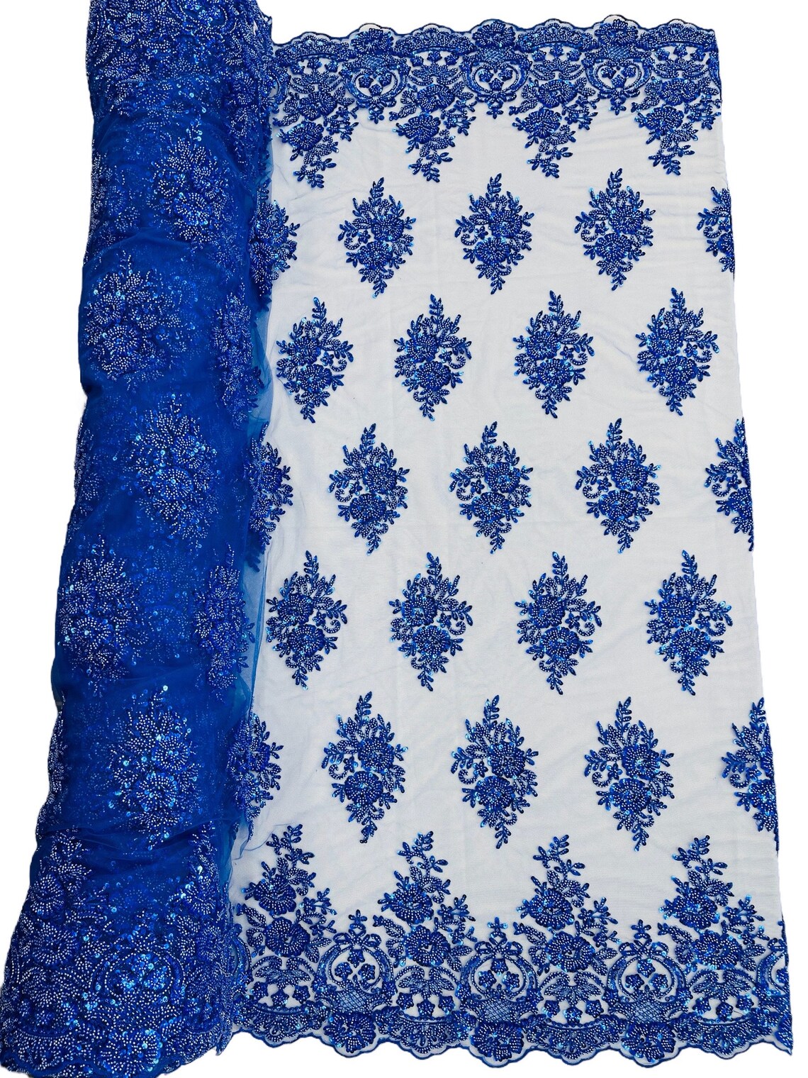 Heavy Beaded Floral Fabric - Royal Blue - Luxury Heavy Duty Bead Bridal Floral Cluster Lace Fabric by the yard