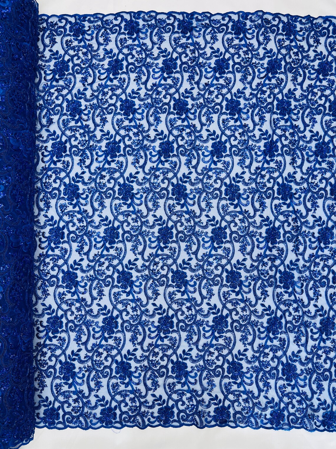 Embroidery Floral Bead Fabric - Royal Blue - Bridal Embroidery Beaded Floral  Fabric Sold by Yard
