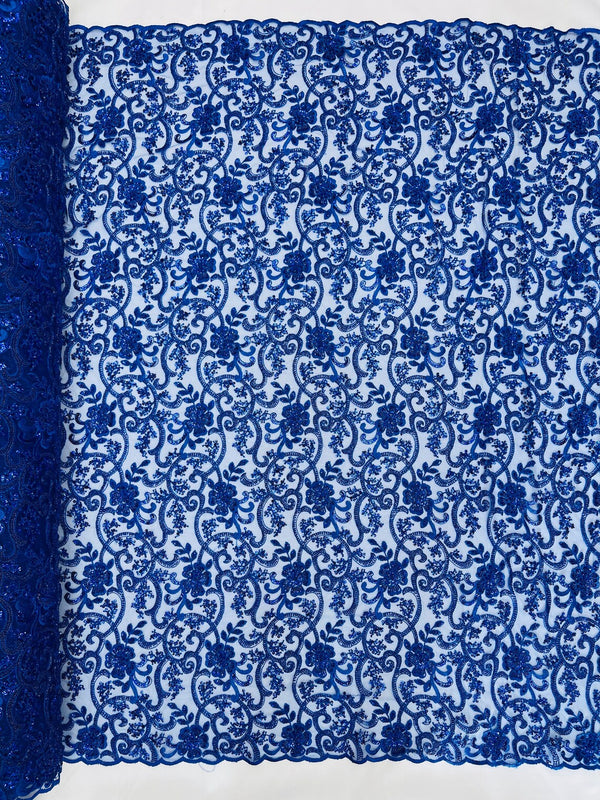 Embroidery Floral Bead Fabric - Royal Blue - Bridal Embroidery Beaded Floral  Fabric Sold by Yard