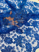Corded Lace Floral Fabric - Royal Blue - Hologram Sequins Metallic Thread Floral Fabric by Yard