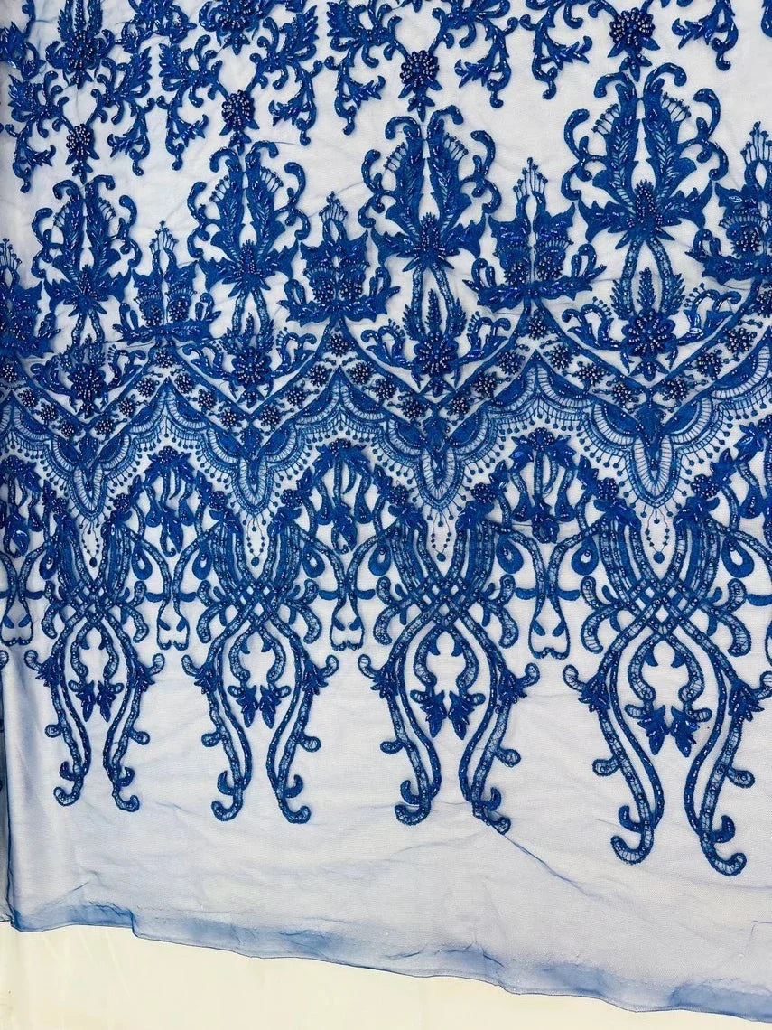 Damask Bead Fabric - Royal Blue - Embroidered Glamorous Fabric with Round Beads Sold By Yard