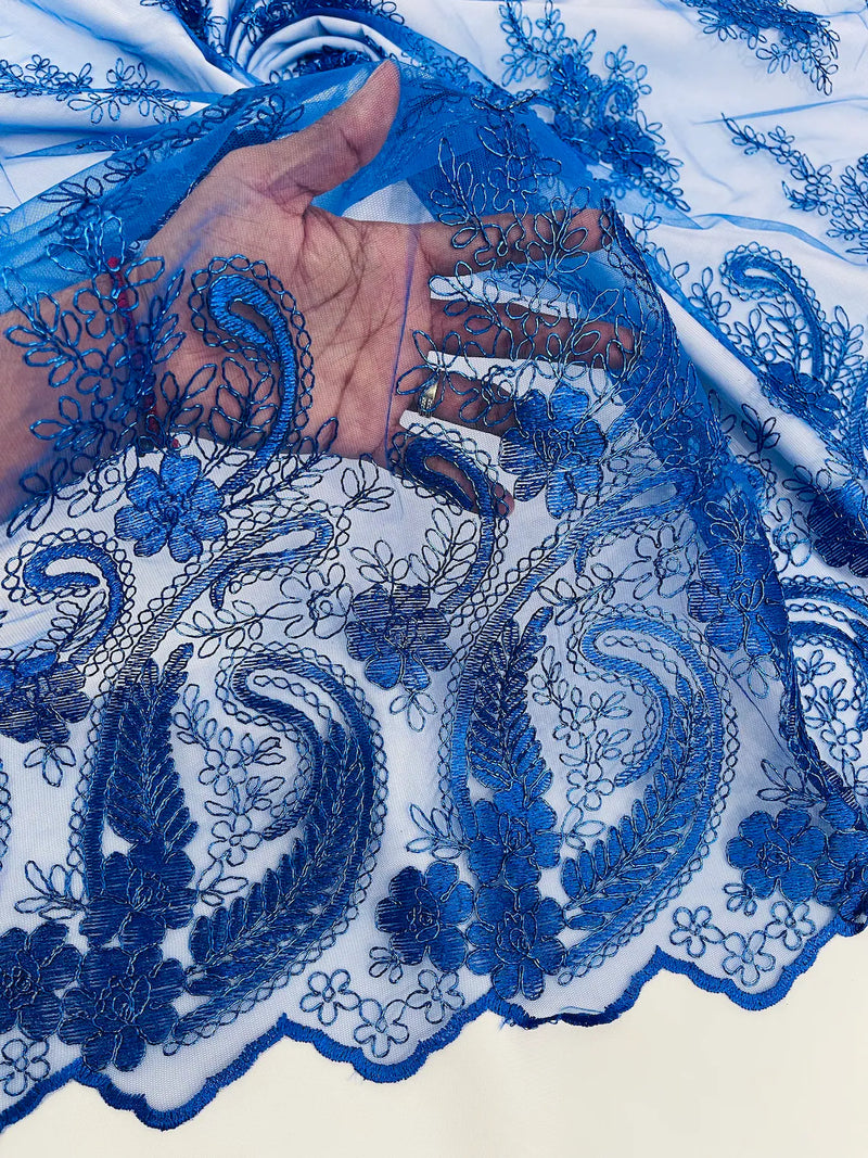 Metallic Corded Lace - Royal Blue - Paisley Floral Fabric with Metallic Thread on a Mesh Lace By Yard