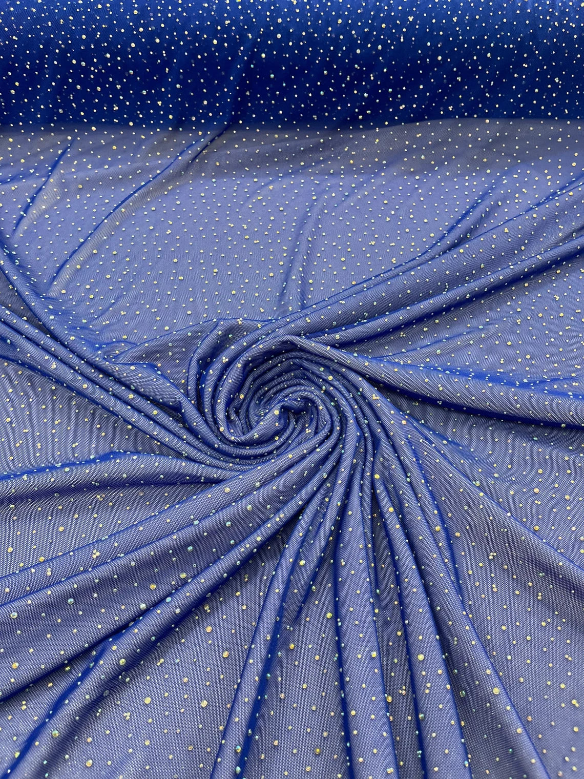 Power Mesh Polyester Rhinestone Fabric - Royal Blue - 4 Way Stretch Power Mesh Fabric Crystal Stones By Yard