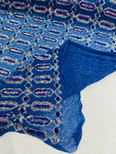 Fancy Gem Jewel Fabric - Royal Blue - Geometric Stretch Sequins Design on Mesh By Yard