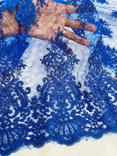 Damask Border Corded Lace - Royal Blue - Floral Cluster Design Damask Border on Lace Fabric Yard