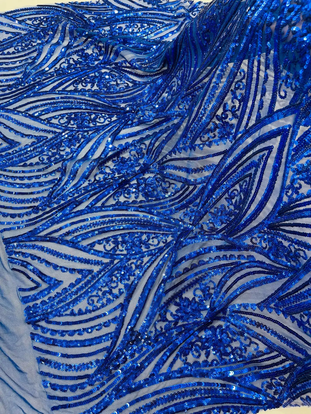 Curvy Line Design Fabric - Royal Blue - 4 Way Stretch Sequins Design Mesh Lace Fabric by Yard