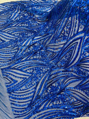Curvy Line Design Fabric - Royal Blue - 4 Way Stretch Sequins Design Mesh Lace Fabric by Yard