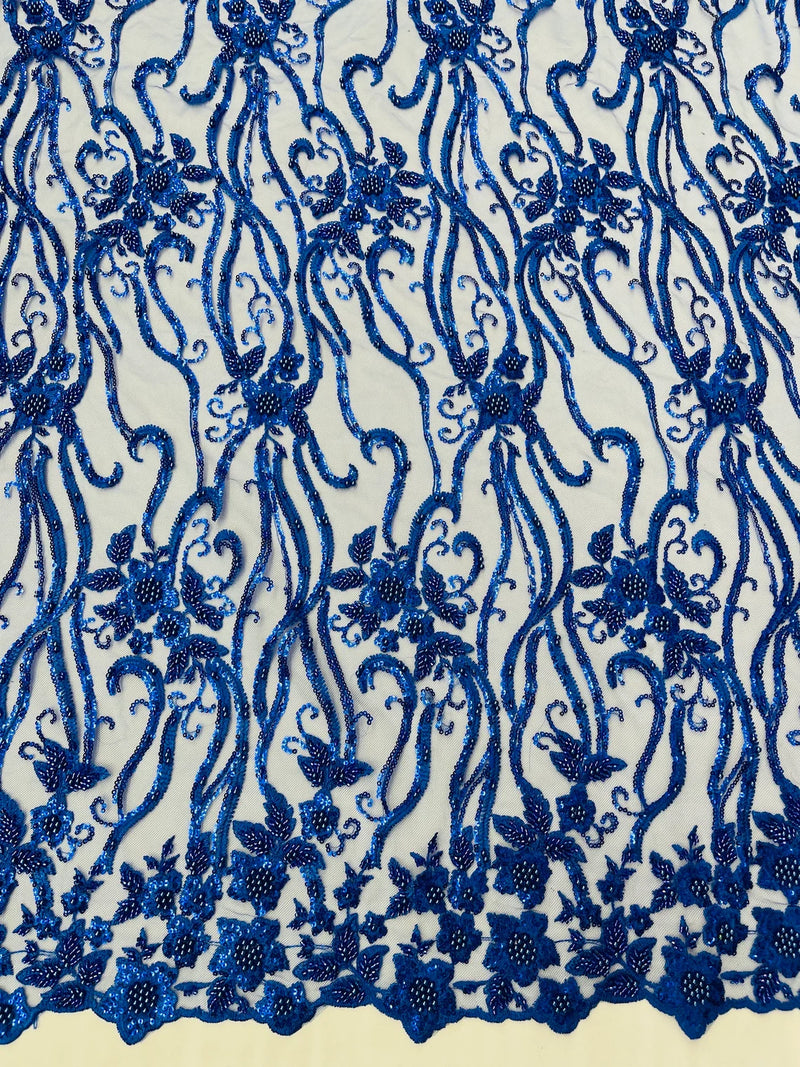 Small Flower Bead Fabric - Royal Blue - Beaded Flower Fabric with Curled Lines Design By Yard