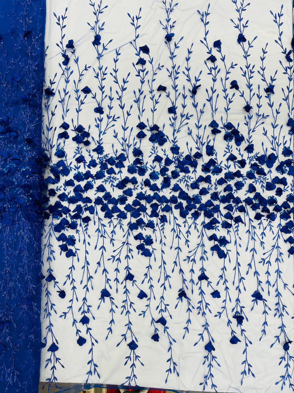 3D Flower Glitter Fabric - Royal Blue - Flower Design on Glitter Mesh Fabric Sold By Yard