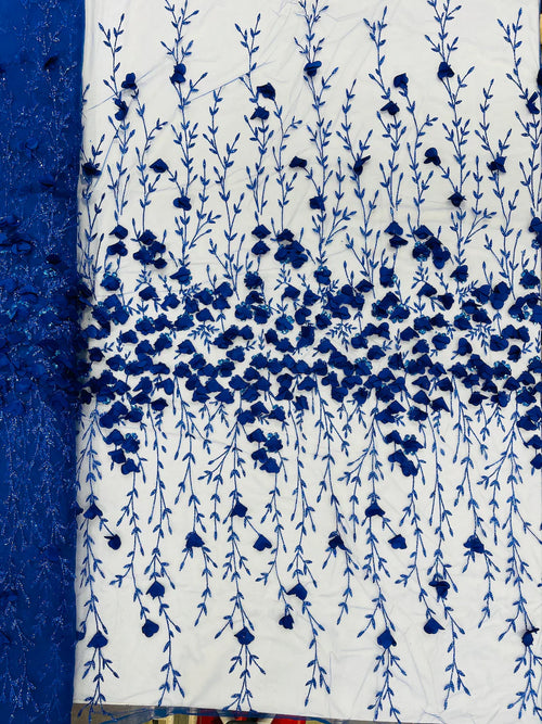 3D Flower Glitter Fabric - Royal Blue - Flower Design on Glitter Mesh Fabric Sold By Yard