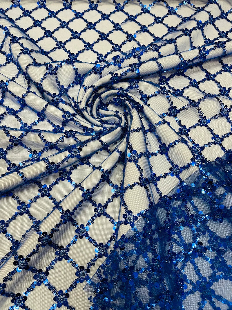 Beaded Diamond Net Fabric - Royal Blue - Embroidered Geometric Beaded Sequins Fabric Sold By Yard