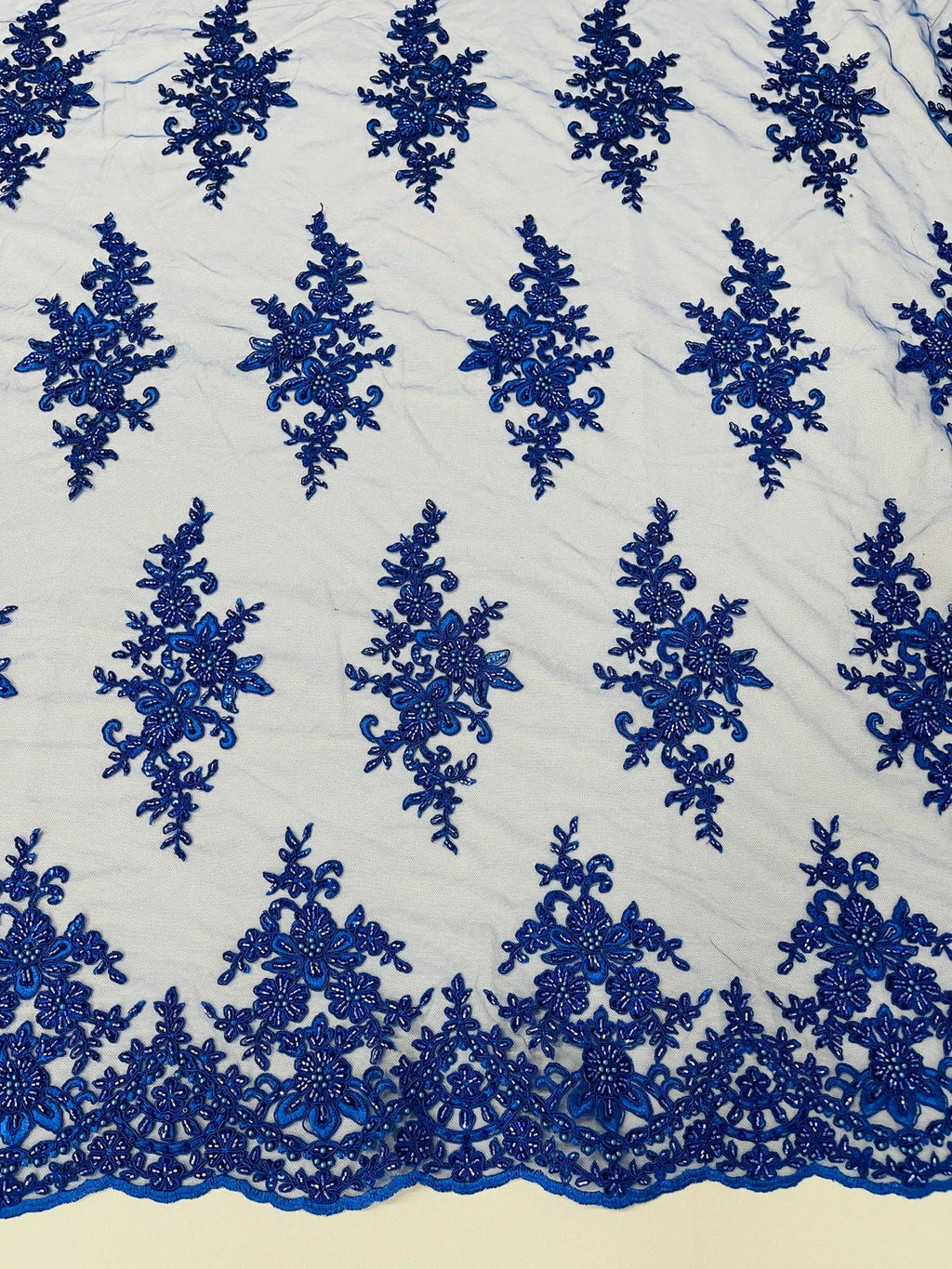 Beaded Shiny Floral Cluster - Royal Blue - Embroidered Luxury Floral Design by Yard