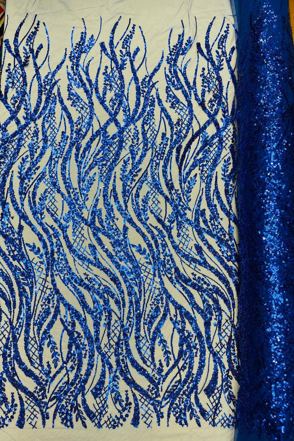 Floral Beaded Wavy Fabric - Royal Blue - Beaded Sequins Wavy Embroidered Fabric Sold By Yard