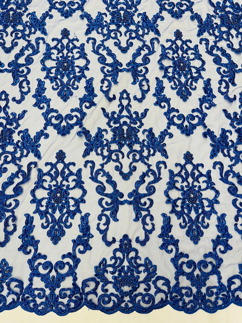 Butterfly Bead Sequins Fabric - Royal Blue - Damask Beaded Sequins Lace Fabric by the yard