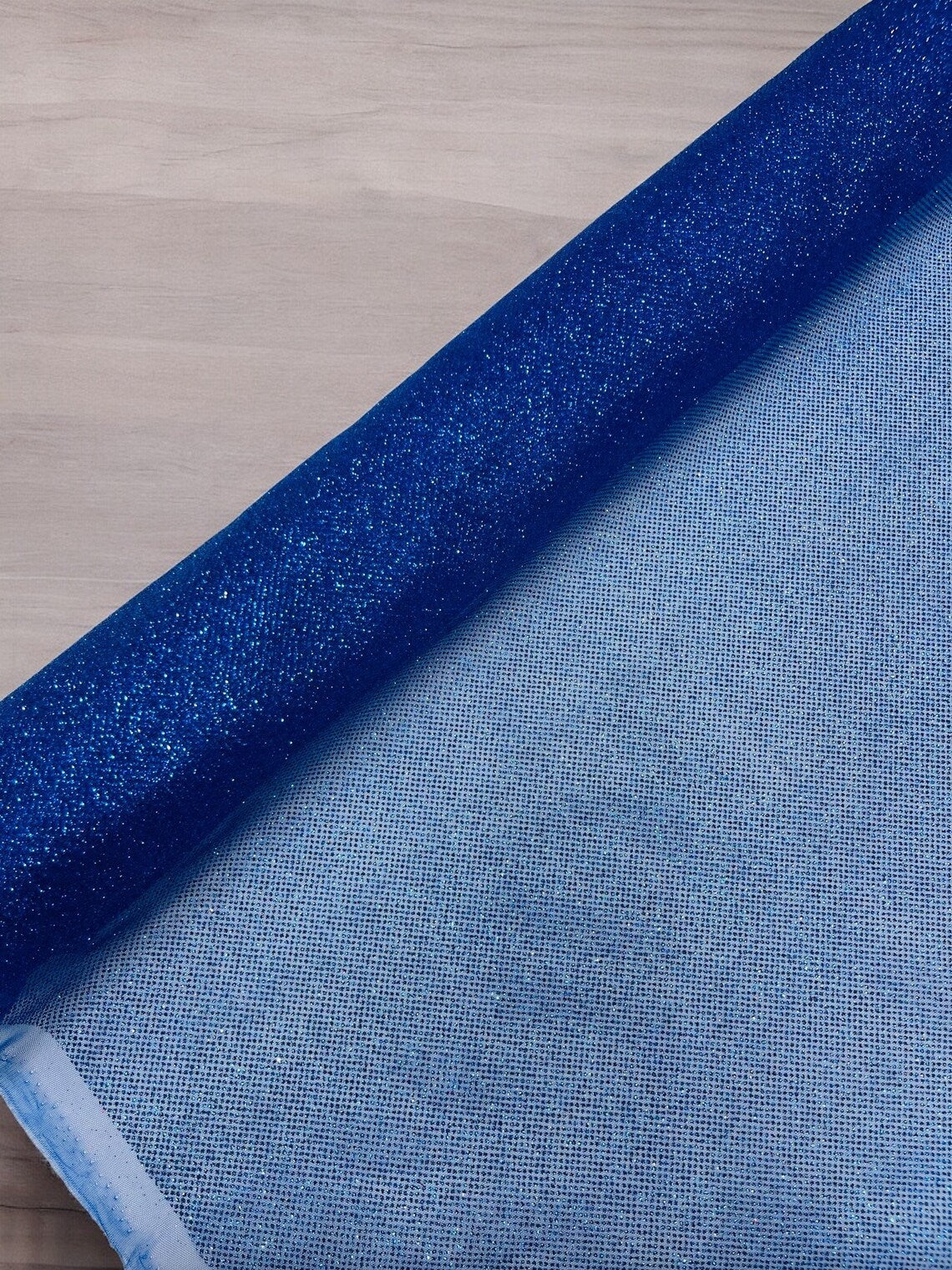 Shimmer Glitter Mesh Fabric - Royal Blue - Shiny Glitter Dots Design on Lace Mesh Sold By Yard
