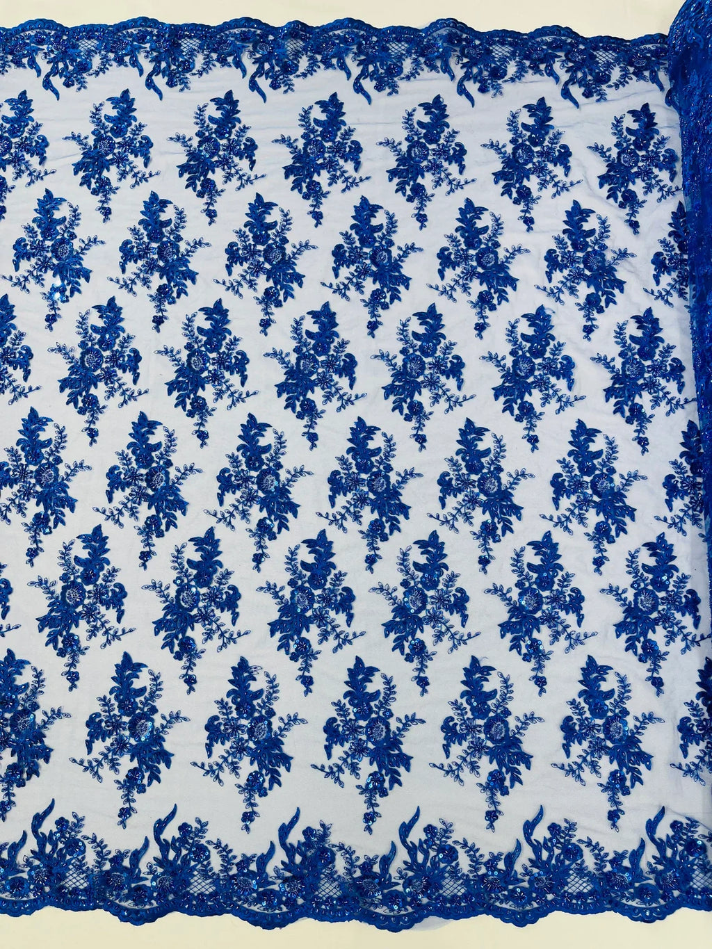 Beaded Flower Sequins Fabric - Royal Blue - Embroidered Beaded Floral Clusters Sequins Fabric By Yard