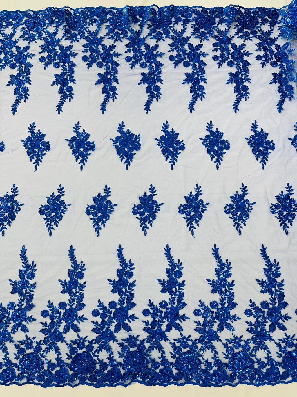 Beaded Rose Flower Fabric - Royal Blue - Embroidered Beaded Long Border Floral Fabric By Yard