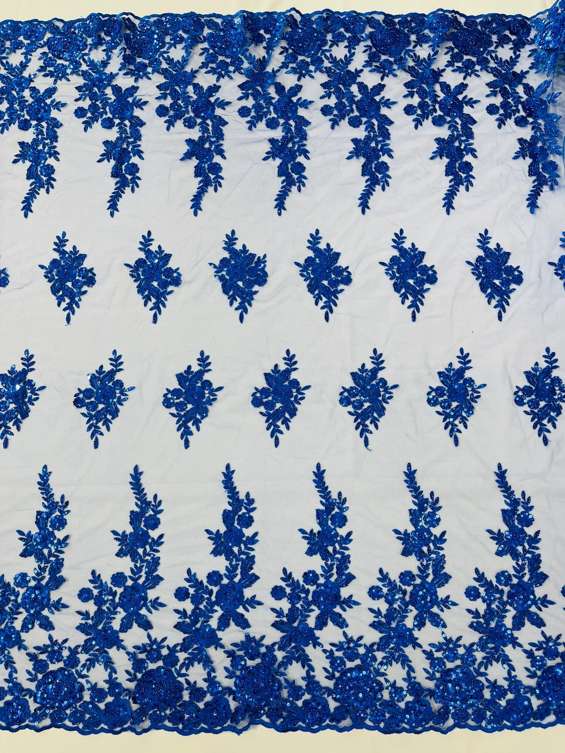 Beaded Rose Flower Fabric - Royal Blue - Embroidered Beaded Long Border Floral Fabric By Yard