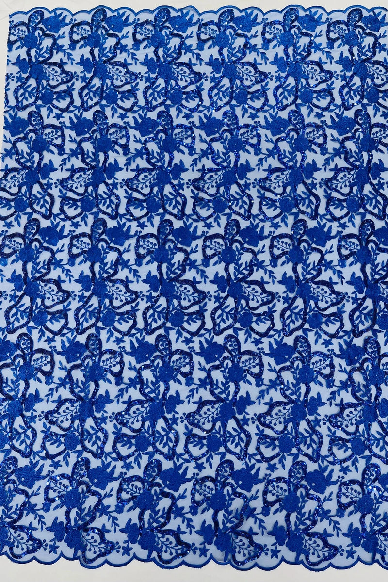 Small Flower Sequins Lace Fabric - Royal Blue - Embroidered Floral Pattern Fabric with Sequins on Lace By Yard