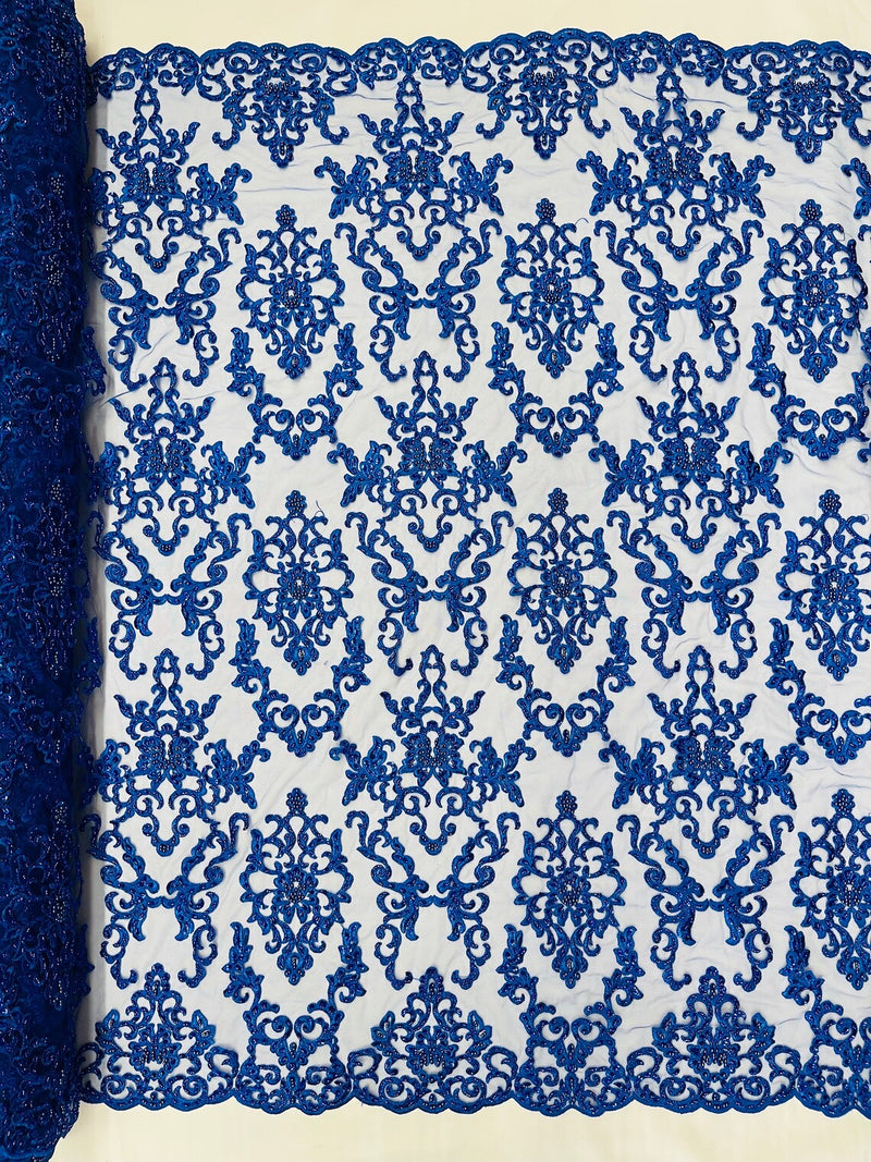 Butterfly Bead Sequins Fabric - Royal Blue - Damask Beaded Sequins Lace Fabric by the yard