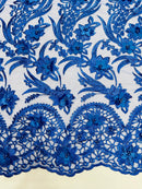 3D Floral Leaf Panels - Royal Blue - Embroidered 3D Flower Lines with Pearls on Lace By Yard